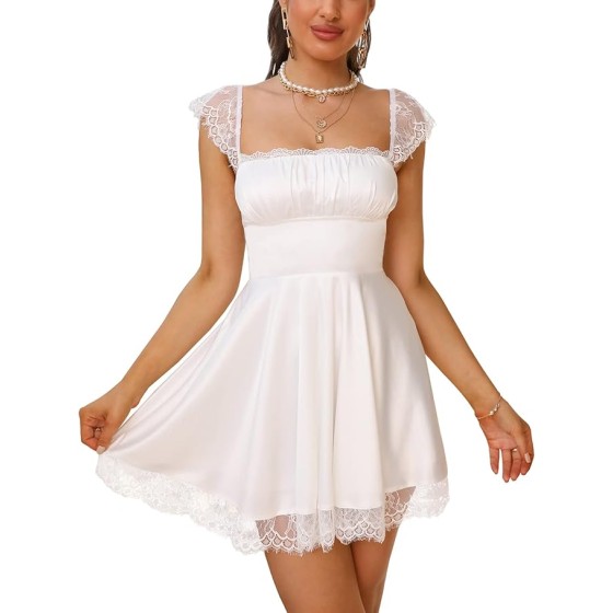 EYNMIN Women's Lace Strapless Mini Graduation Dress with Satin Square Neck and Flowing A-Line Skirt with Ruffled Edges and Casual Short Sleeve Blouse
