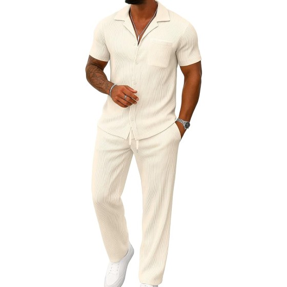 UOUA Men's Summer 2-Piece Casual Wear - Buttoned Short-Sleeved Shirt and Loose Pants with Texture Stripes - Sports Outfit for Walking