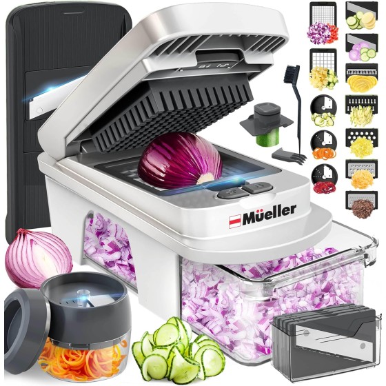 Mueller Pro-Series Multi-Functional 12-blade Mandolin Slicer, suitable for kitchens, food chippers, vegetable slicers and spiralizers, cutters, slicers, graters, kitchen tool sets, with containers, white sand/grey
